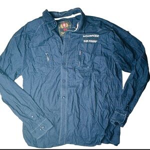 Attitude Gold Men's Button-up Long Sleeve Shirt size 2xl Blue Graphic Velvet Y2K